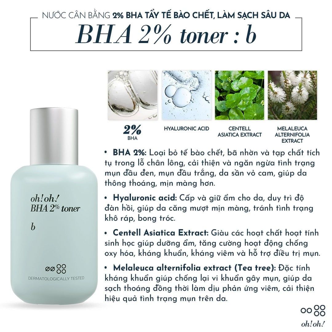  Nước Cân Bằng 2% BHA Tẩy Tế Bào Chết, Làm Sạch Sâu Da oh!oh! BHA 2% (Salicylic Acid) toner : b (75ml) 