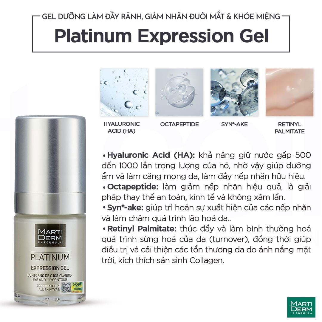  Gel Dưỡng Làm Đầy Rãnh, Giảm Nhăn Đuôi Mắt & Khóe Miệng - MartiDerm Platinum Expression Gel (15ml) 