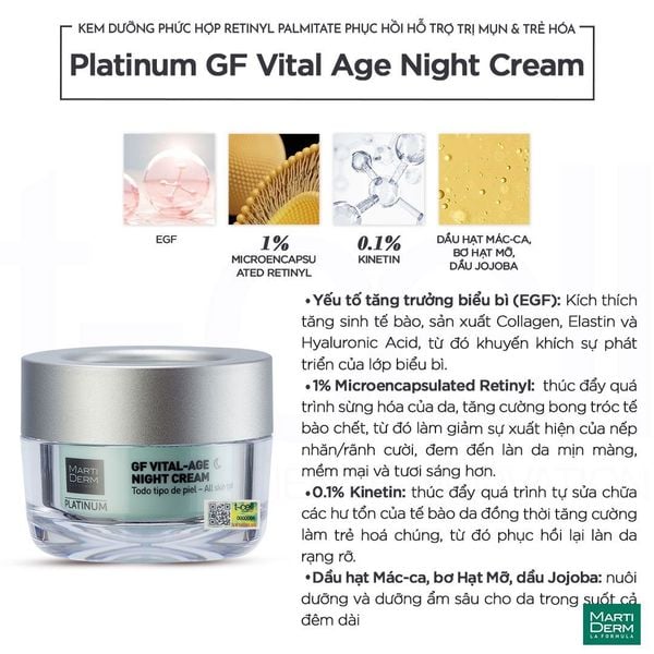  Kem Dưỡng Phục Hồi Hỗ Trợ Trị Mụn & Trẻ Hóa - MartiDerm Platinum GF Vital Age Night Cream (50ml) 