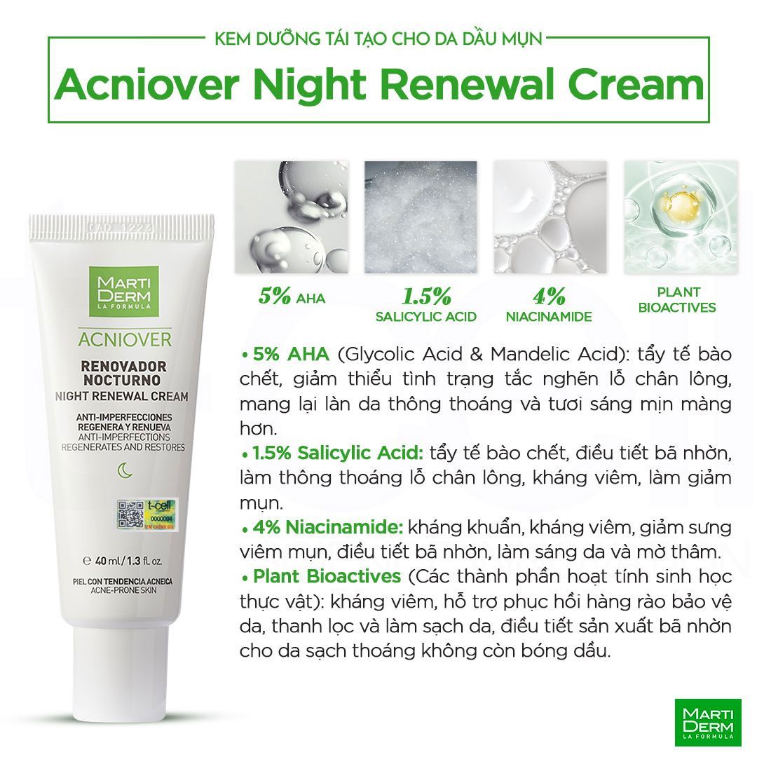  Kem Dưỡng Tái Tạo Ban Đêm Cho Da Dầu Mụn - MartiDerm Acniover Night Renewal Cream (40ml) 