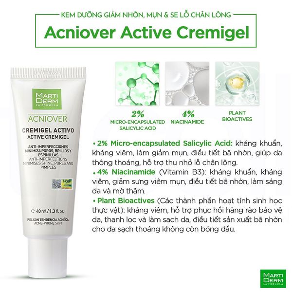  Kem Dưỡng Giảm Nhờn, Mụn & Se Lỗ Chân Lông - MartiDerm Acniover Active Cremigel (40ml) 