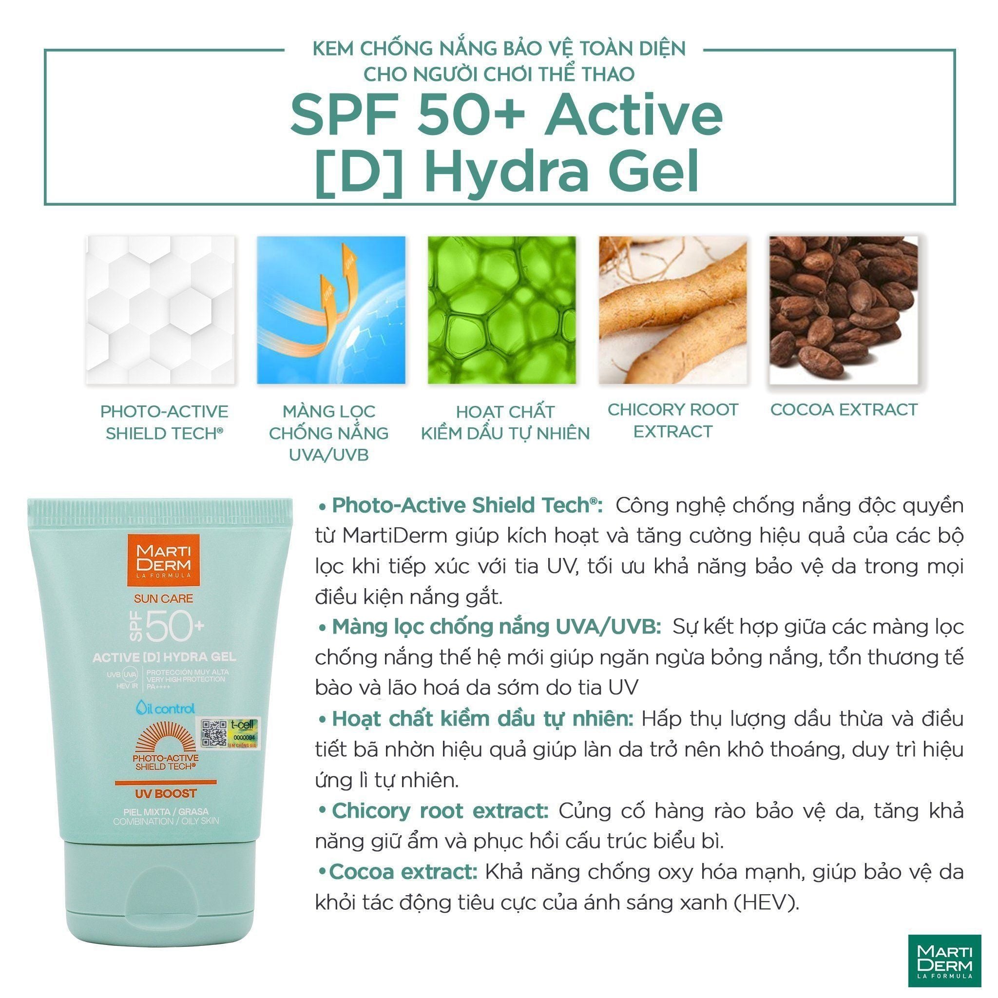  [MỚI RA MẮT] Kem Chống Nắng bảo vệ toàn diện cho người chơi thể thao - MartiDerm SPF 50+ Active [D] Hydra Gel (50ml) 