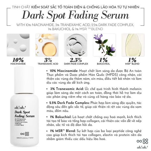  [MỚI RA MẮT] Tinh Chất Kiểm Soát Sắc Tố Toàn Diện & Chống Lão Hóa Từ Tự Nhiên oh!oh! Dark Spot Fading Serum (with 3% Tranexamic Acid) (30ml) 