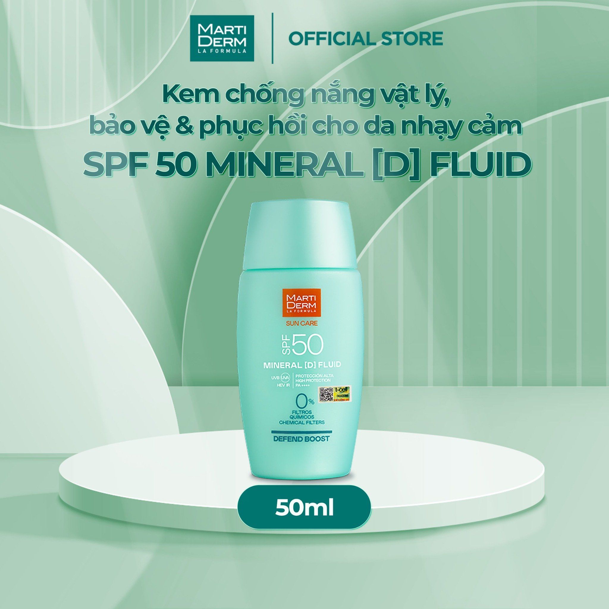  [MỚI RA MẮT] Kem chống nắng vật lý, bảo vệ & phục hồi cho da nhạy cảm MartiDerm SPF 50 Mineral [D] Fluid 