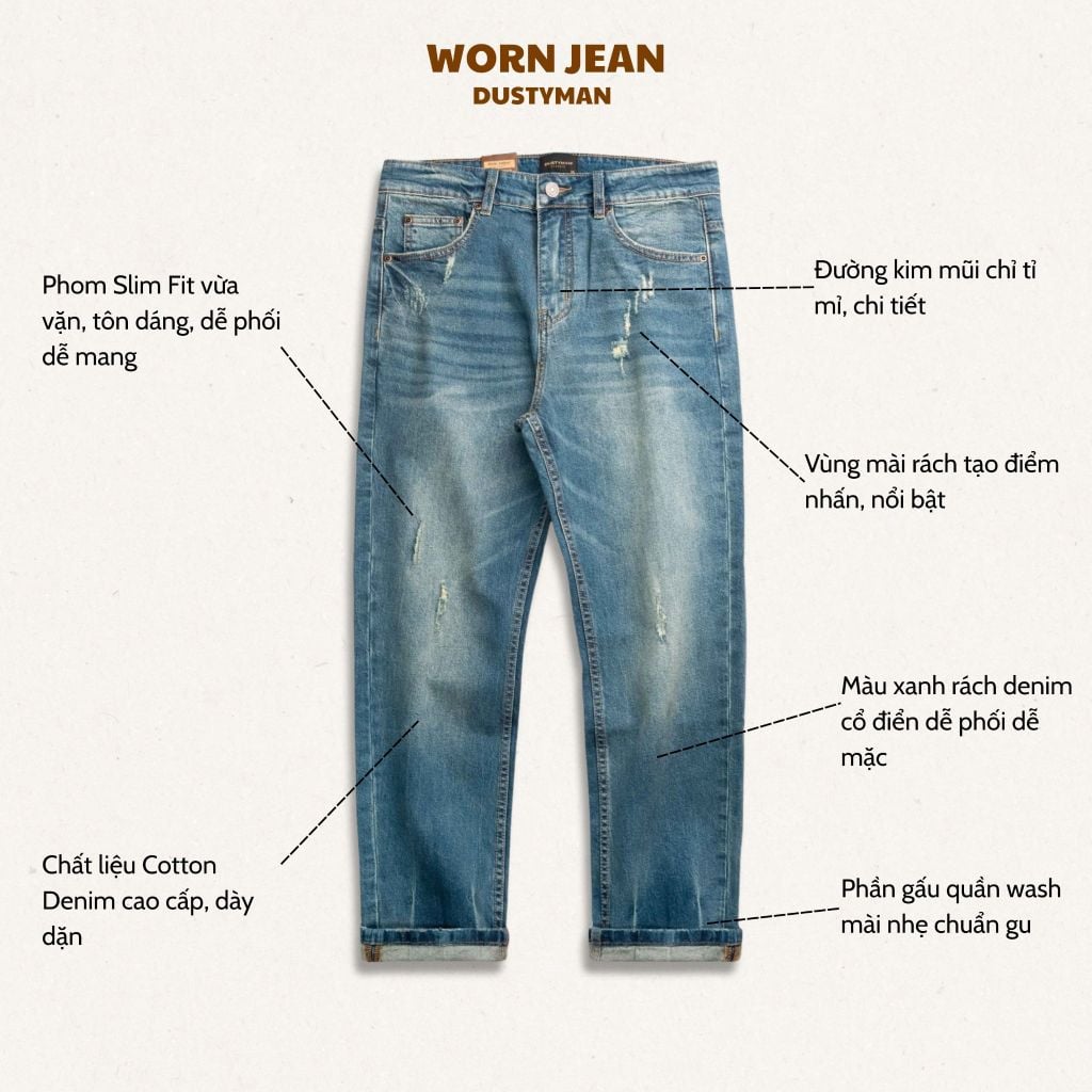 Quần Jean Ôm Nhẹ Nam Dustyman Worn Slim Fit J611-01