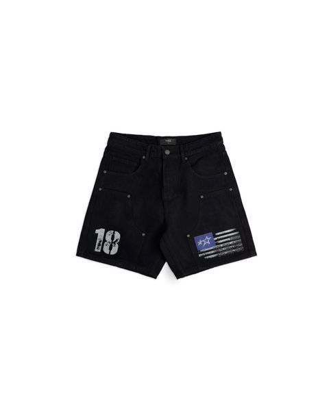  SJ1 - WASHED FLAG PRINT JEAN SHORTS - BLACK 