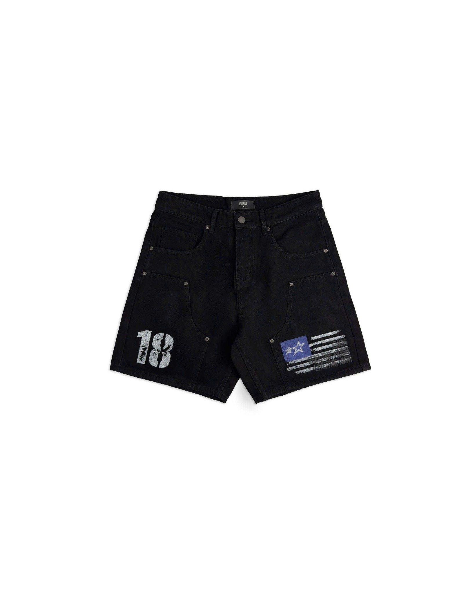  SJ1 - WASHED FLAG PRINT JEAN SHORTS - BLACK 