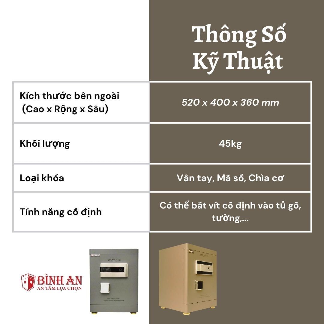  Két sắt BOKEE BK-50C (45kg) Khóa Vân Tay Kết Nối Điện Thoại 