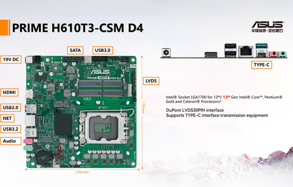 Mainboard ASUS Pro H610T4 D4-CSM | Intel H610, Socket 1700, Thin-ITX, 2 khe DDR4 