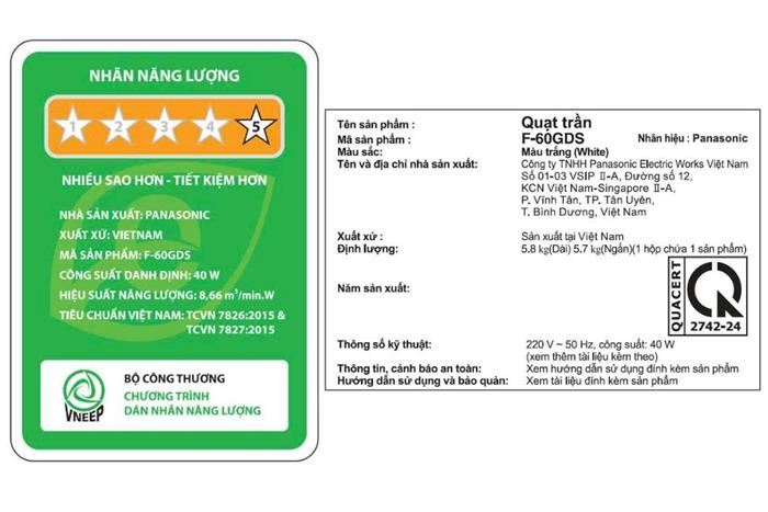 Quạt trần Panasonic 5 cánh F-60GDS-W 40W