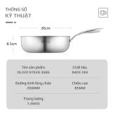 Chảo Inox OLIVO STEVE 2685 – Chống Dính Tự Nhiên, Đáy 3 Lớp, Đường Kính 26cm, Sâu 8.5cm – Nấu Trên Mọi Loại Bếp