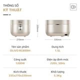 Nồi Cơm Điện Cao Tần OLIVO RC800IH – Công Nghệ Nấu Cao Tần Smart Heating, Lòng Nồi INOX 316L, 14 Chế Độ Cài Sẵn, Dung Tích 1.5L, Bảng Điều Khiển OLED