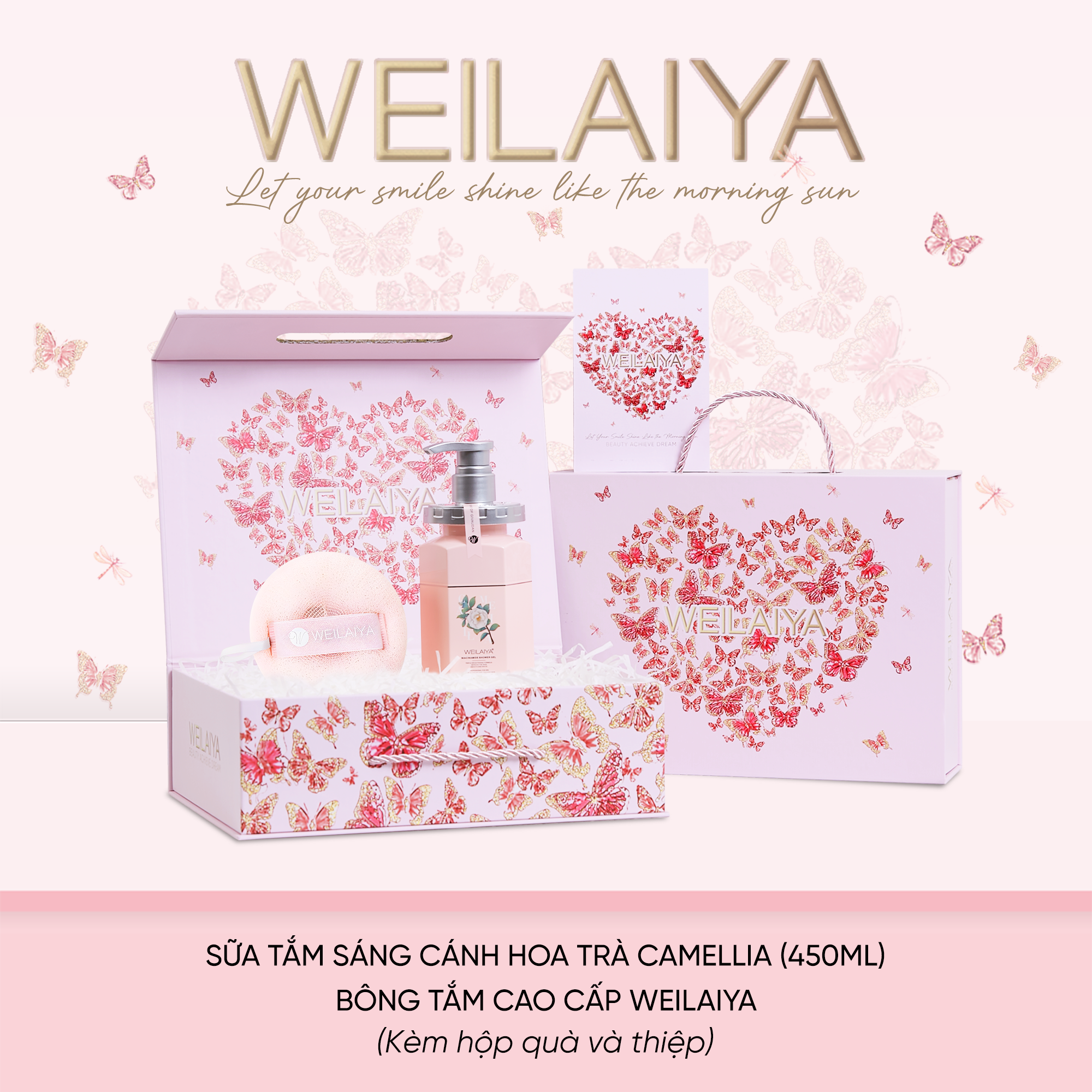  Hộp quà Vũ khúc cánh bướm 1 sữa tắm hoa trà + Bông tắm 