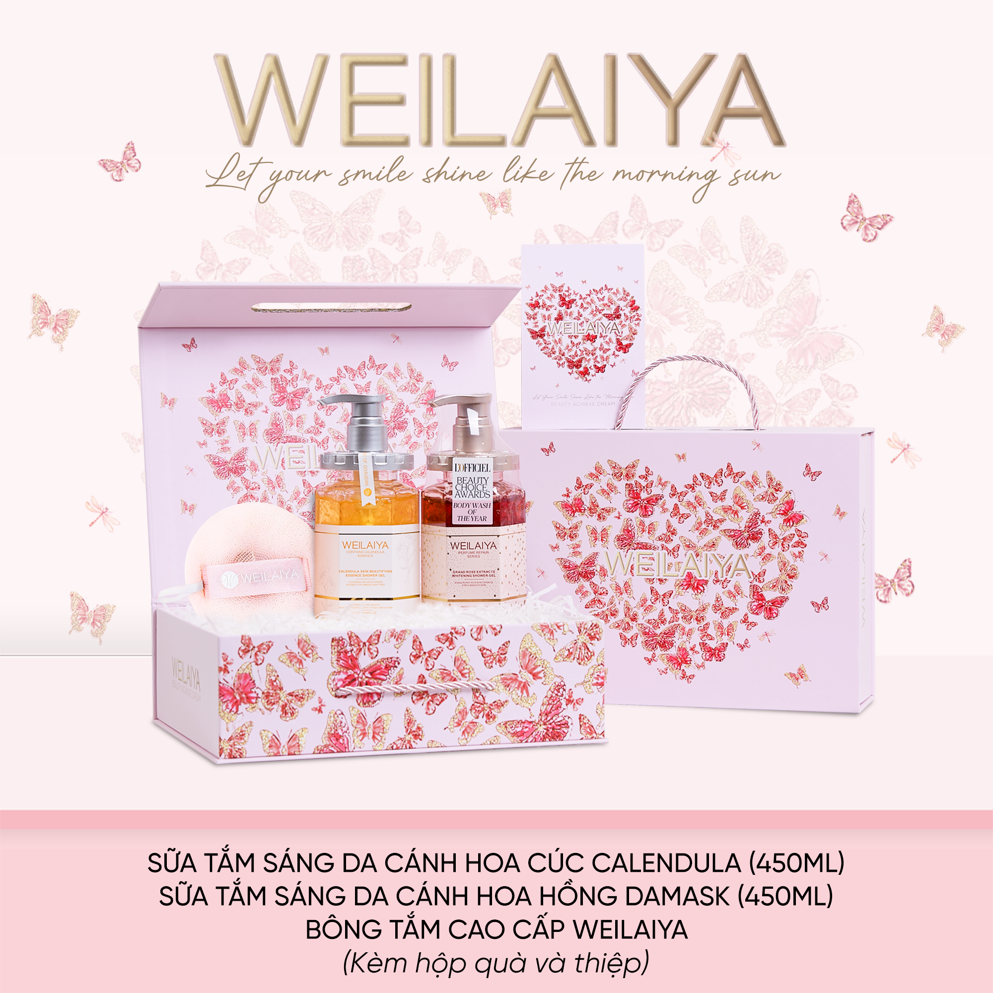  Hộp quà Vũ khúc cánh bướm 1 sữa tắm hoa cúc + sữa tắm hoa hồng + Bông tắm 