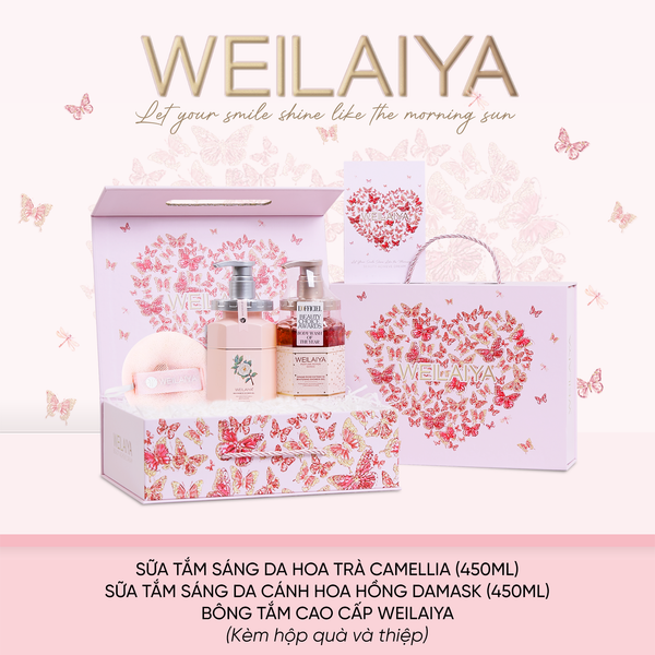  Hộp quà Vũ khúc cánh bướm 1 sữa tắm hoa hồng + sữa tắm hoa trà + Bông tắm 