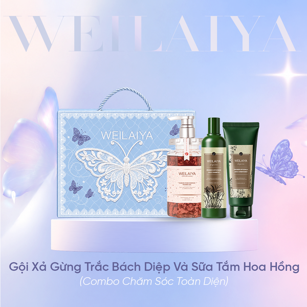  Hộp quà tặng cao cấp Weilaiya: “The Butterfly of Dreams” - Bộ gội xả Gừng Lá Trắc Bách Diệp và Sữa tắm Hoa Hồng Weilaiya 