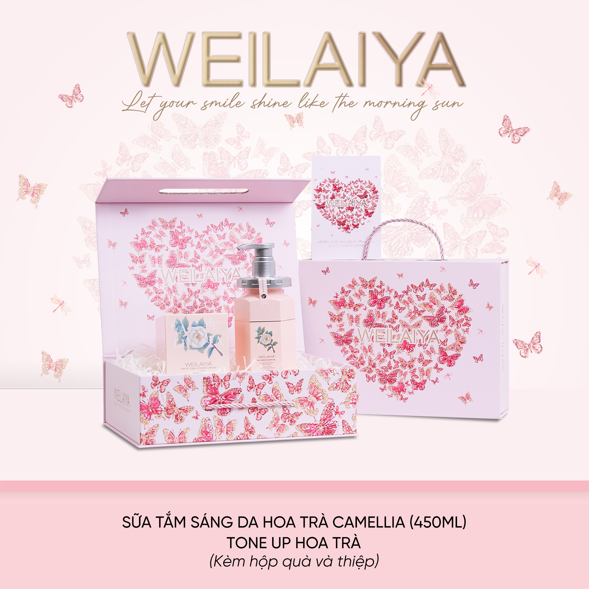  Hộp quà Vũ Khúc Cánh Bướm Sữa tắm sáng da hoa trà + Tone up hoa trà 