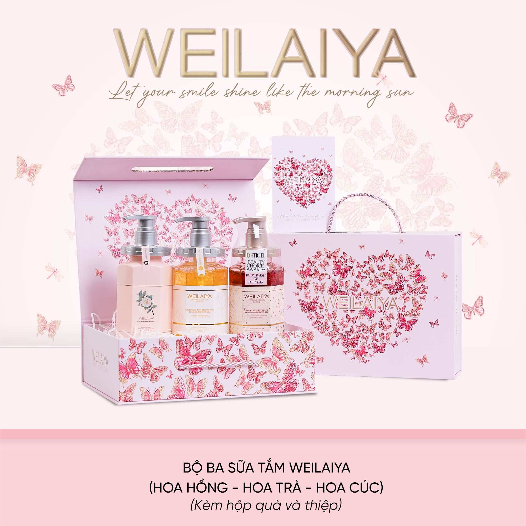  Hộp quà Vũ Khúc Cánh Bướm Sữa tắm sáng da hoa hồng + Sữa tắm sáng da hoa cúc + Sữa tắm sáng da hoa trà 