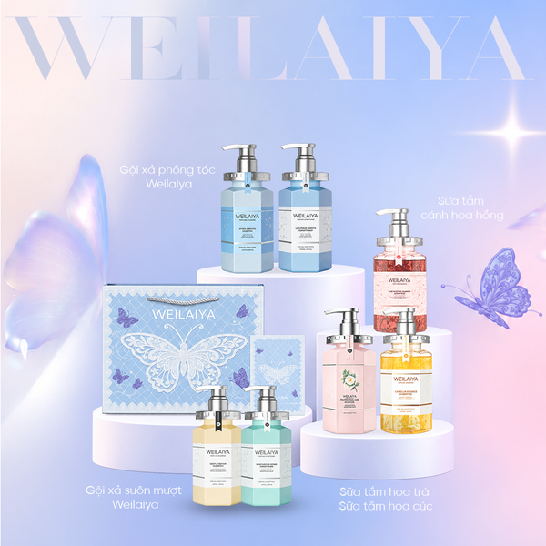  Hộp quà tặng cao cấp Weilaiya: “The Butterfly of Dreams” - Bộ gội xả Gừng Lá Trắc Bách Diệp và Sữa tắm Hoa Hồng Weilaiya 