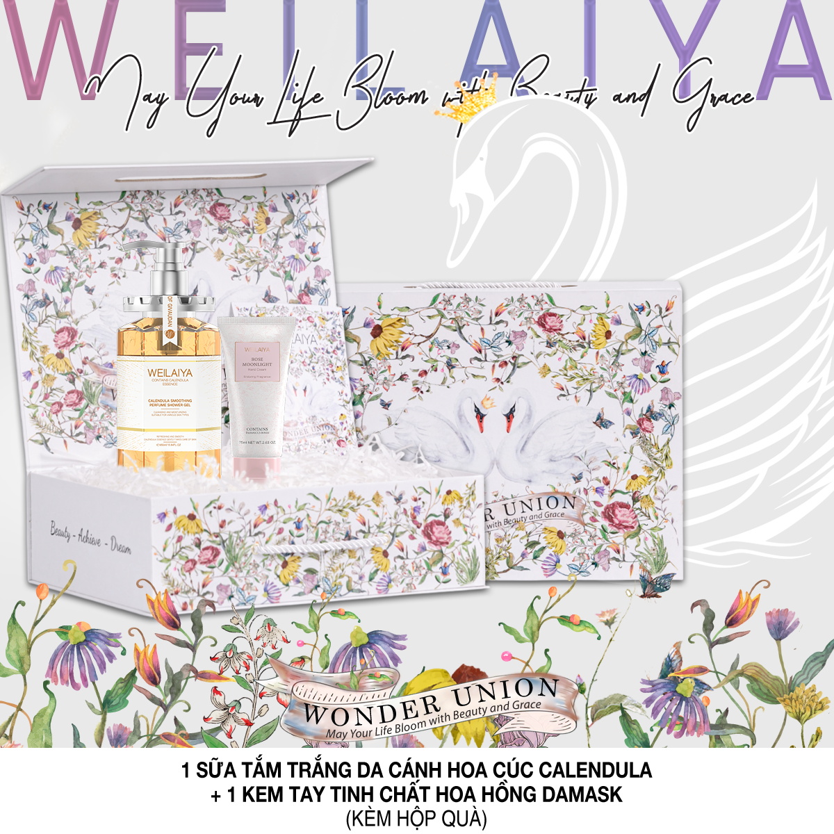  Hộp quà thiên nga 1 sữa tắm hoa cúc + Kem tay 