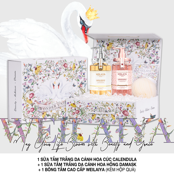 Hộp quà thiên nga 1 sữa tắm hoa cúc + sữa tắm hoa hồng + Bông tắm
