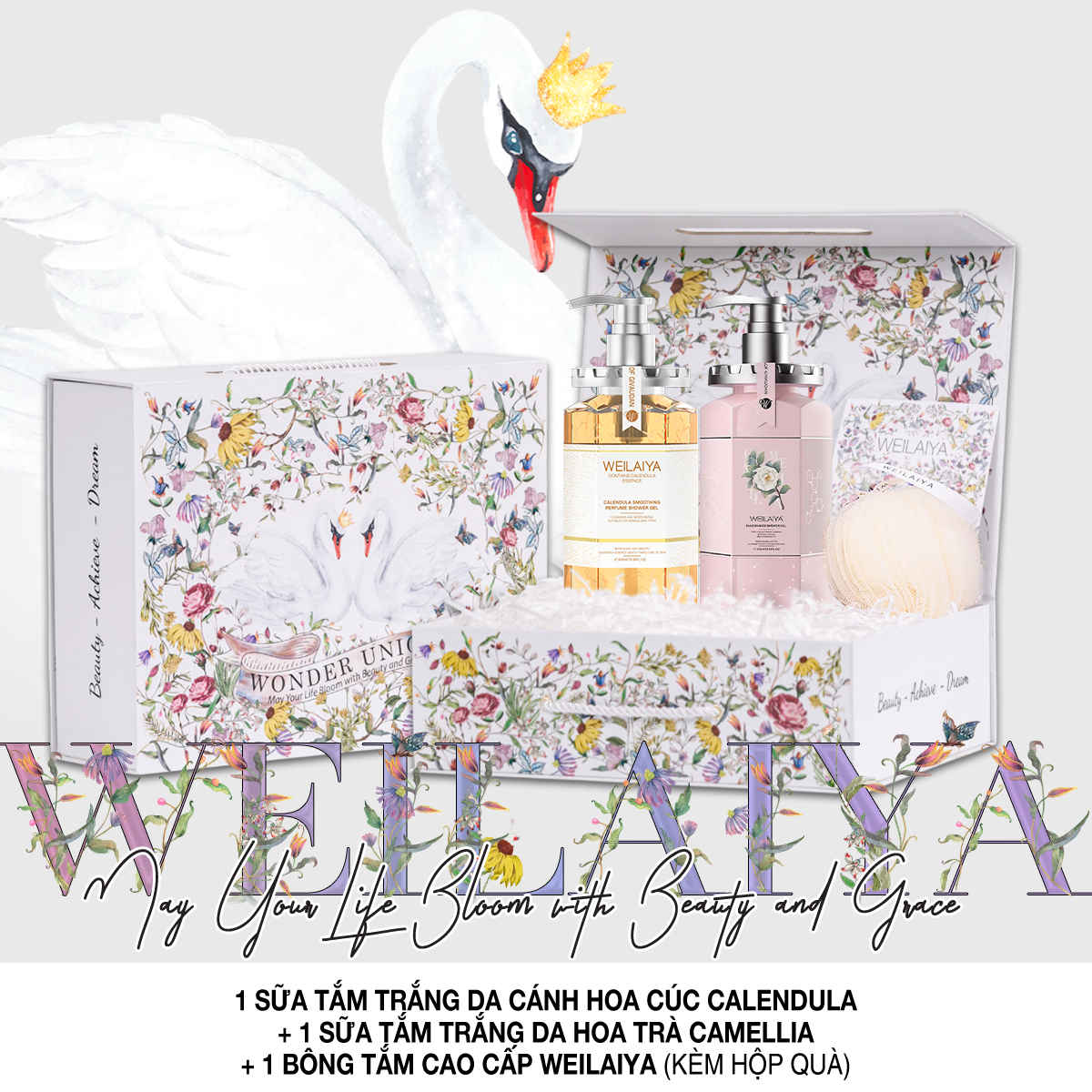  Hộp quà thiên nga 1 sữa tắm hoa cúc + sữa tắm hoa trà + Bông tắm 