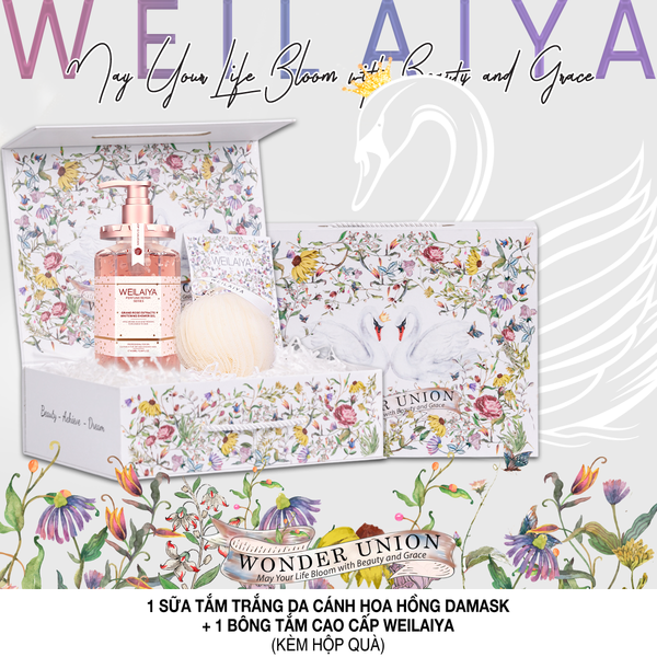 Hộp quà thiên nga 1 sữa tắm hoa hồng damask + Bông tắm