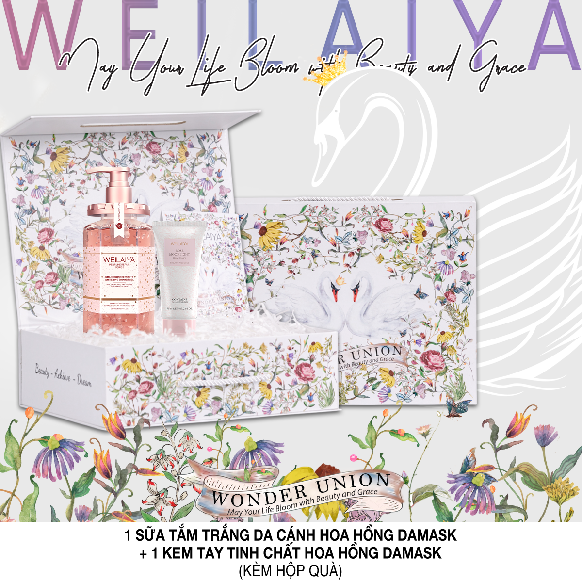  Hộp quà thiên nga 1 sữa tắm hoa hồng damask + Kem tay 