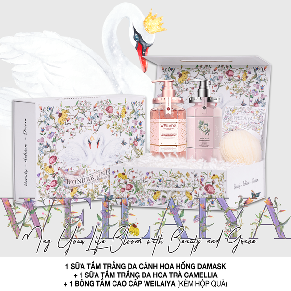 Hộp quà thiên nga 1 sữa tắm hoa hồng + sữa tắm hoa trà + Bông tắm