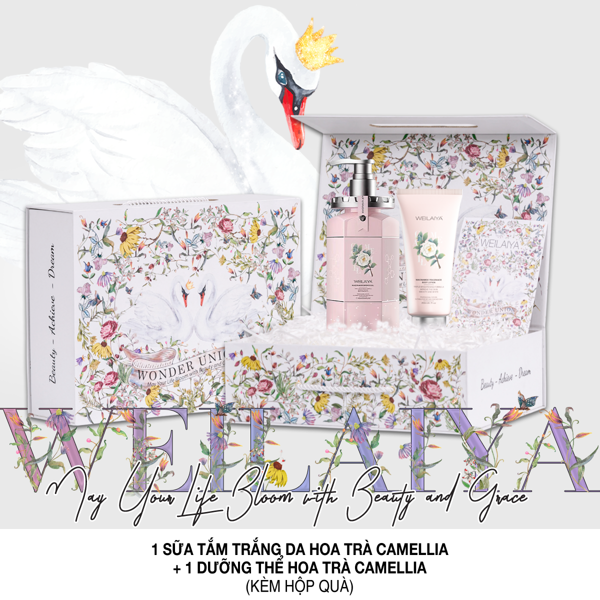  Hộp quà thiên nga 1 sữa tắm hoa trà + Body lotion 