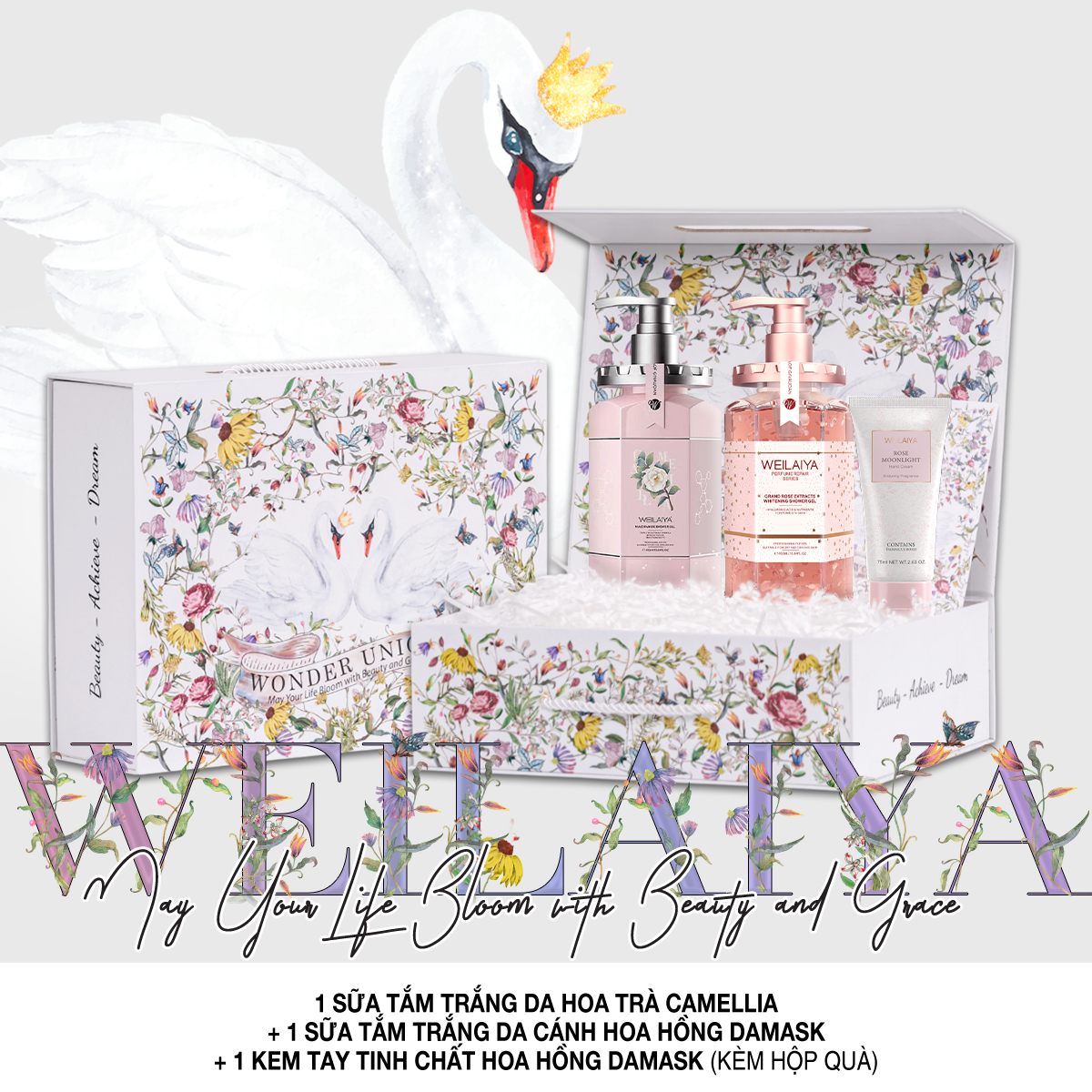  Hộp quà thiên nga 1 sữa tắm hoa trà + sữa tắm hoa hồng + Kem tay 