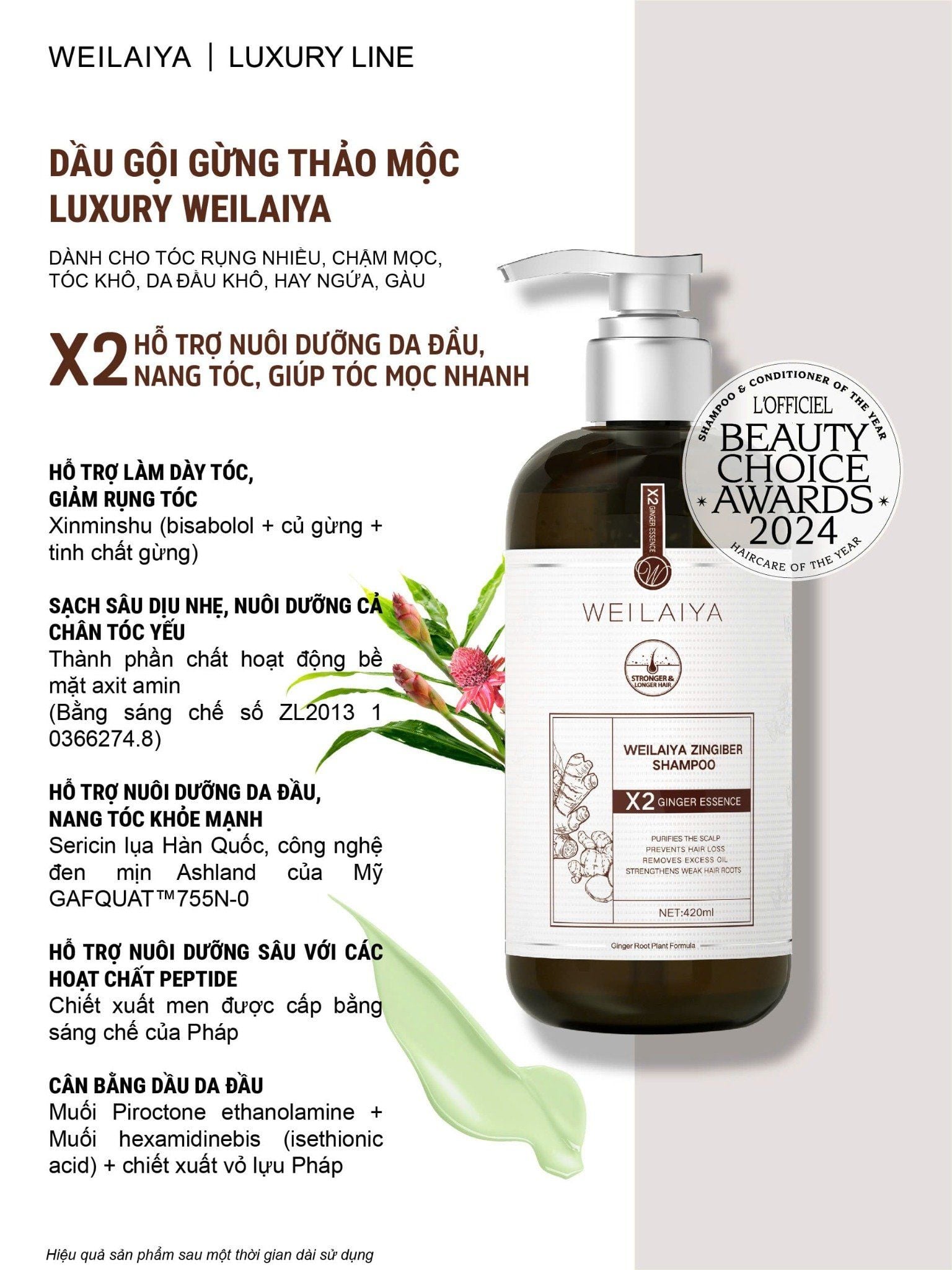  Dầu gội gừng hỗ trợ mọc tóc và giảm lão hóa da đầu Weilaiya Zingiber Shampoo 420ml 