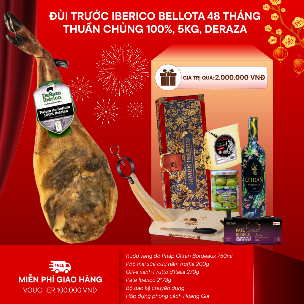 Đùi Trước Heo Muối Iberico Bellota Thuần Chủng 100% 48 Tháng Có Xương DeRaza