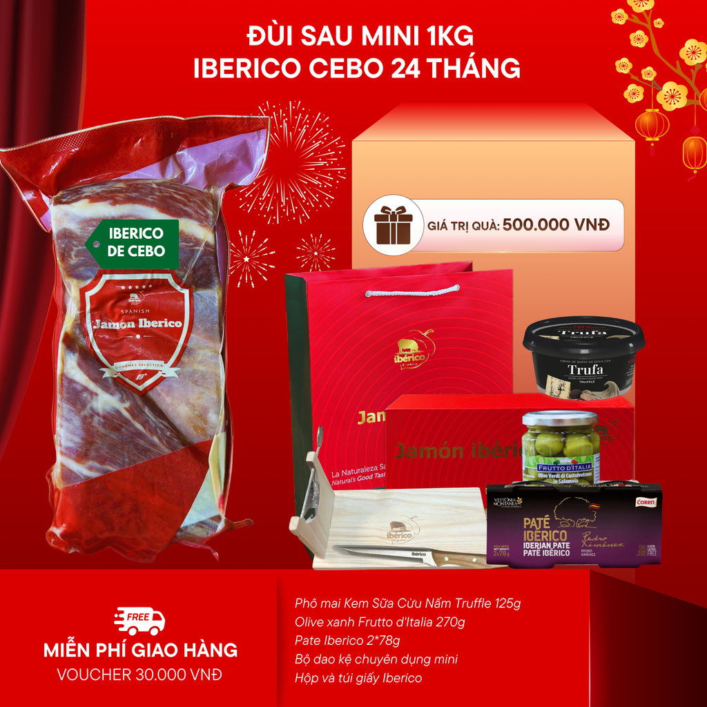 Hộp Quà 1kg Đùi Sau Heo Muối Iberico Cebo Không Xương 24 Tháng DeRaza