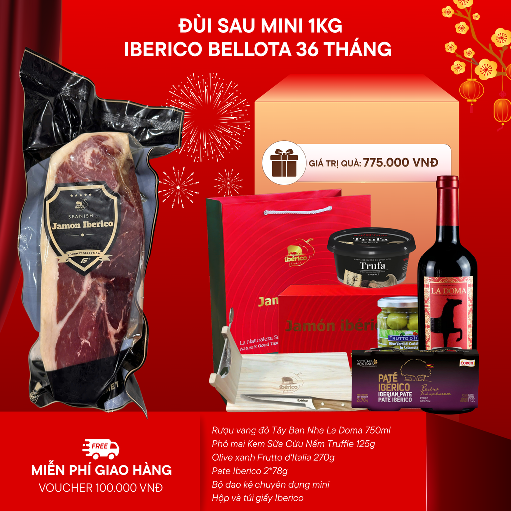 Hộp Quà 1kg Đùi Sau Heo Muối Iberico Bellota Không Xương 36 Tháng DeRaza