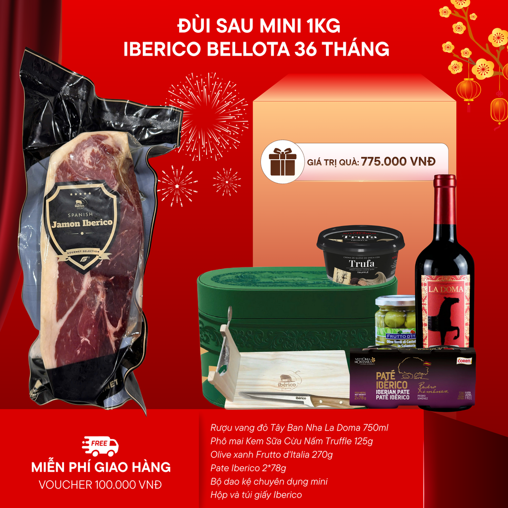 (New) Hộp Quà 1kg Đùi Sau Heo Muối Iberico Cebo Không Xương 24 Tháng DeRaza