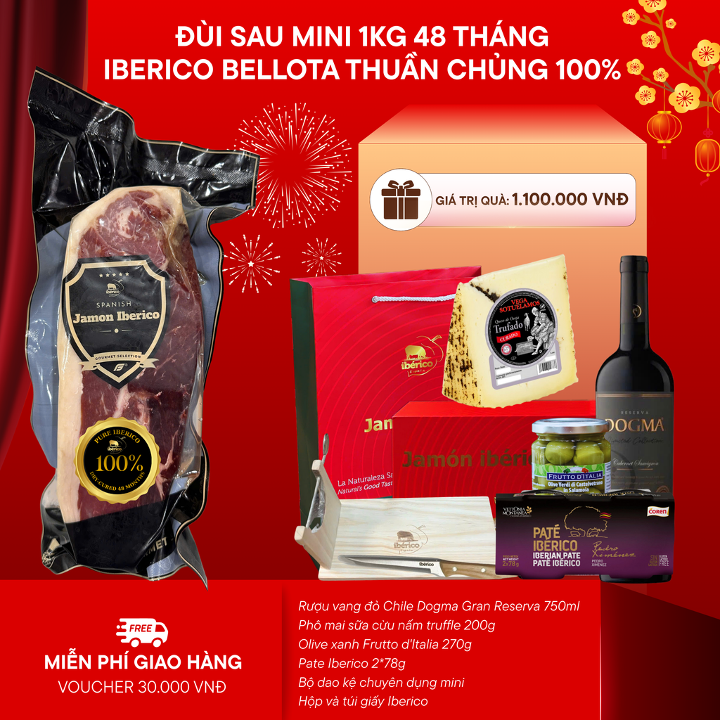 Hộp Quà 1kg Đùi Sau Heo Muối Iberico Bellota Thuần Chủng 100% Không Xương 48 Tháng Montesano