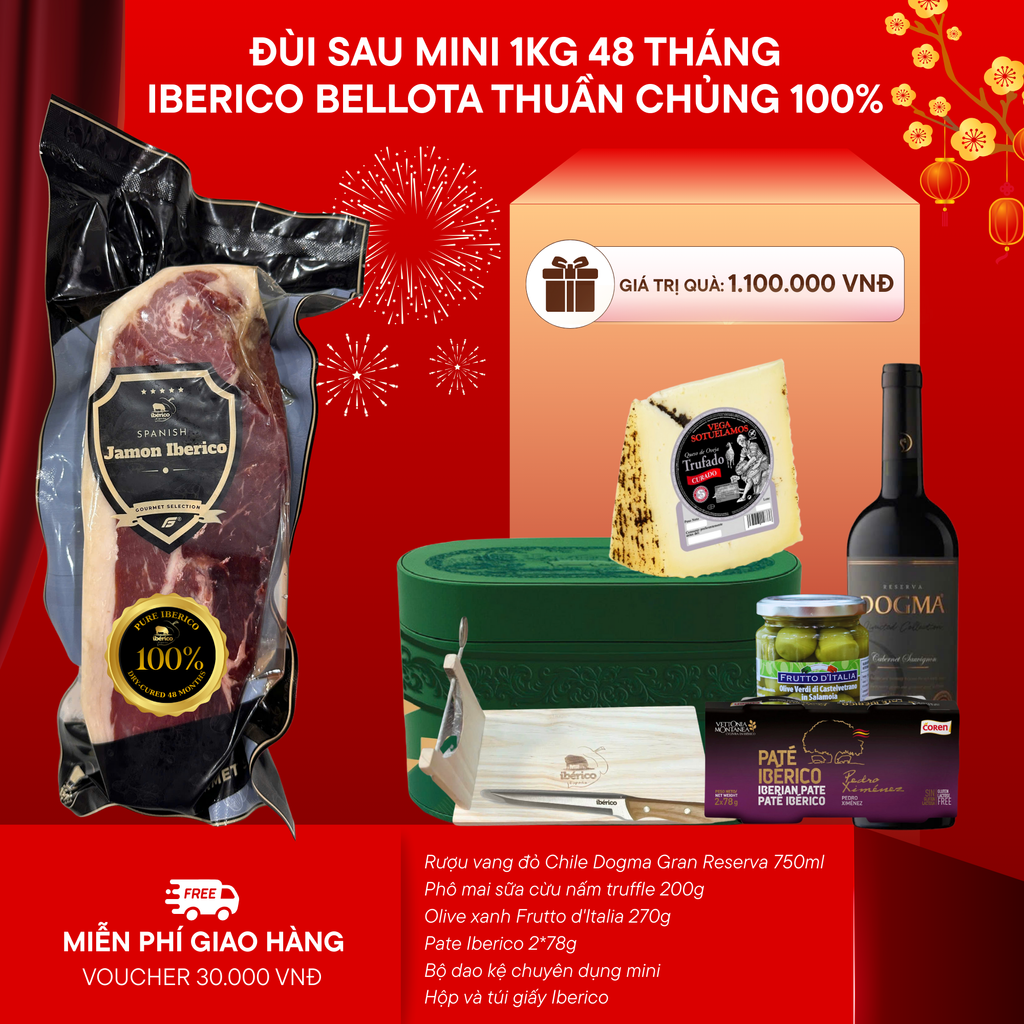(New) Hộp Quà 1kg Đùi Sau Heo Muối Iberico Bellota Thuần Chủng 100% Không Xương 48 Tháng Montesano