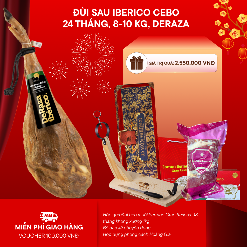 Hộp Quà Đùi Sau Heo Muối Iberico Cebo 24 Tháng Có Xương