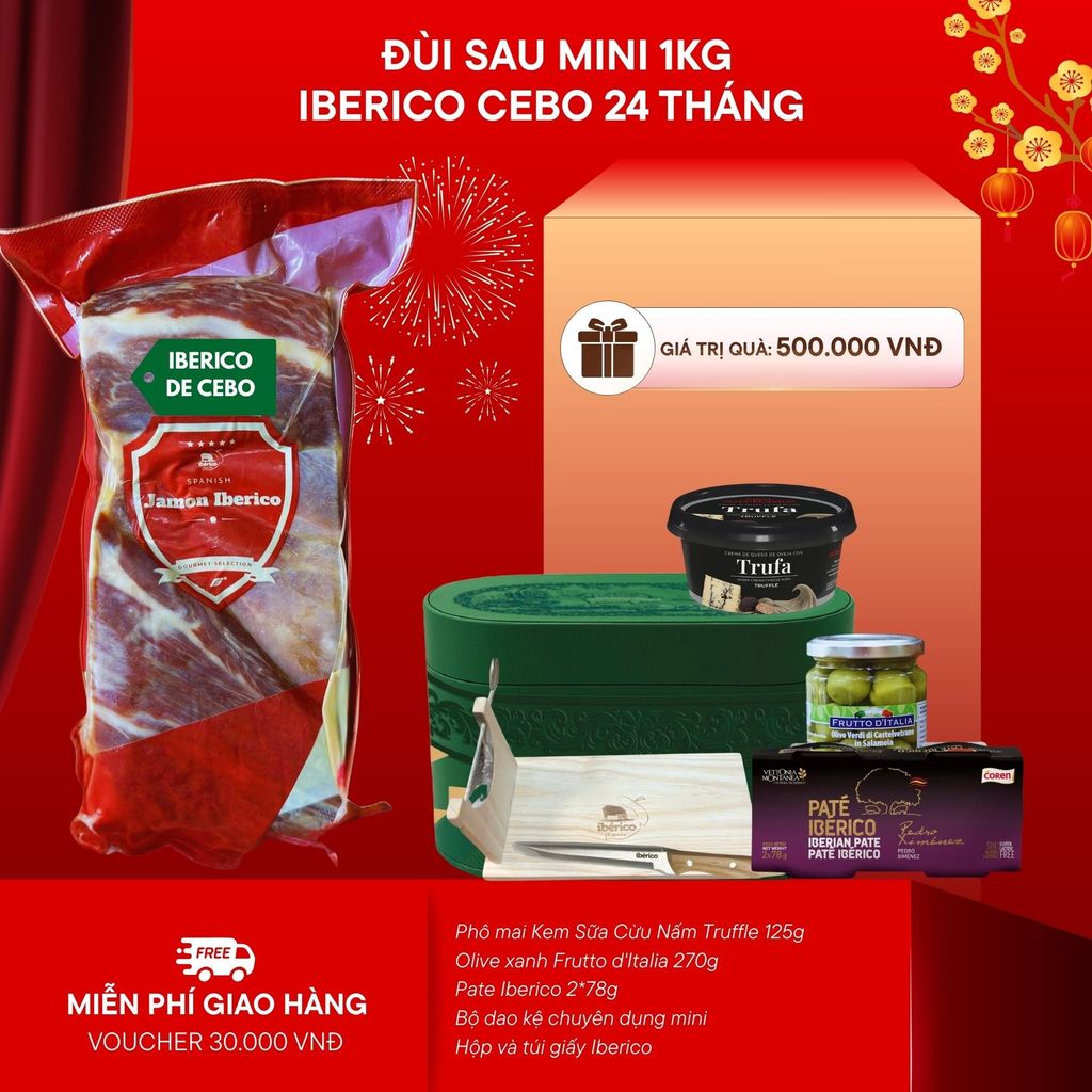(New) Hộp Quà 1kg Đùi Sau Heo Muối Iberico Cebo Không Xương 24 Tháng DeRaza