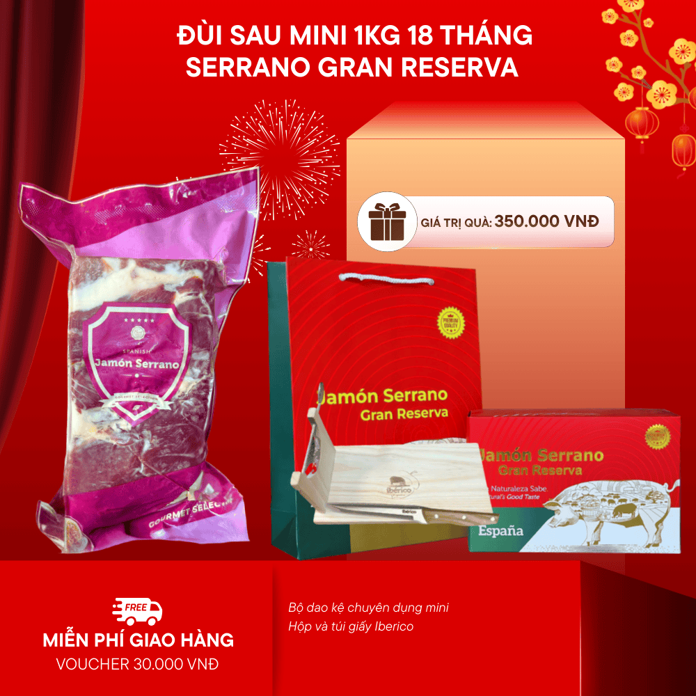 Hộp Quà 1kg Đùi Sau Heo Muối Serrano Gran Reserva Không Xương 18 Tháng Montesano