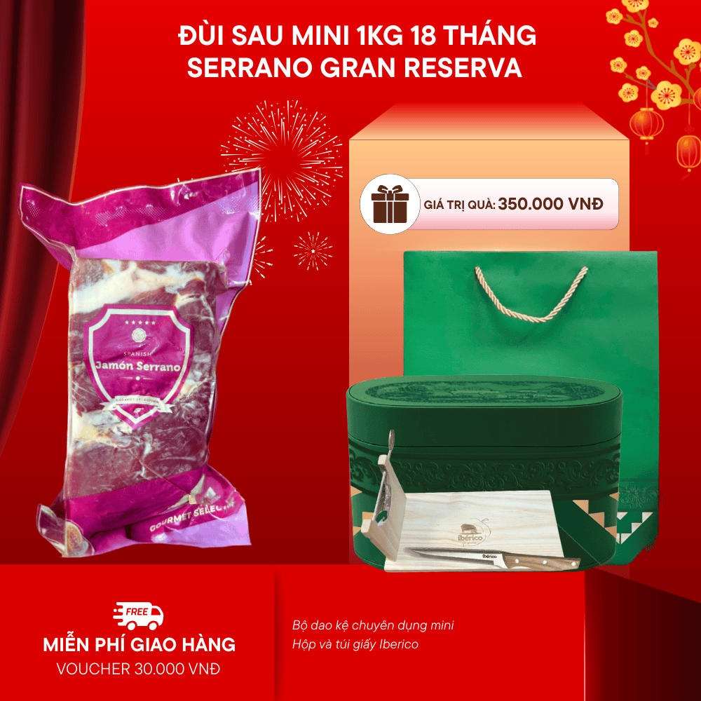 (New) Hộp Quà 1kg Đùi Sau Heo Muối Serrano Gran Reserva Không Xương 18 Tháng Montesano