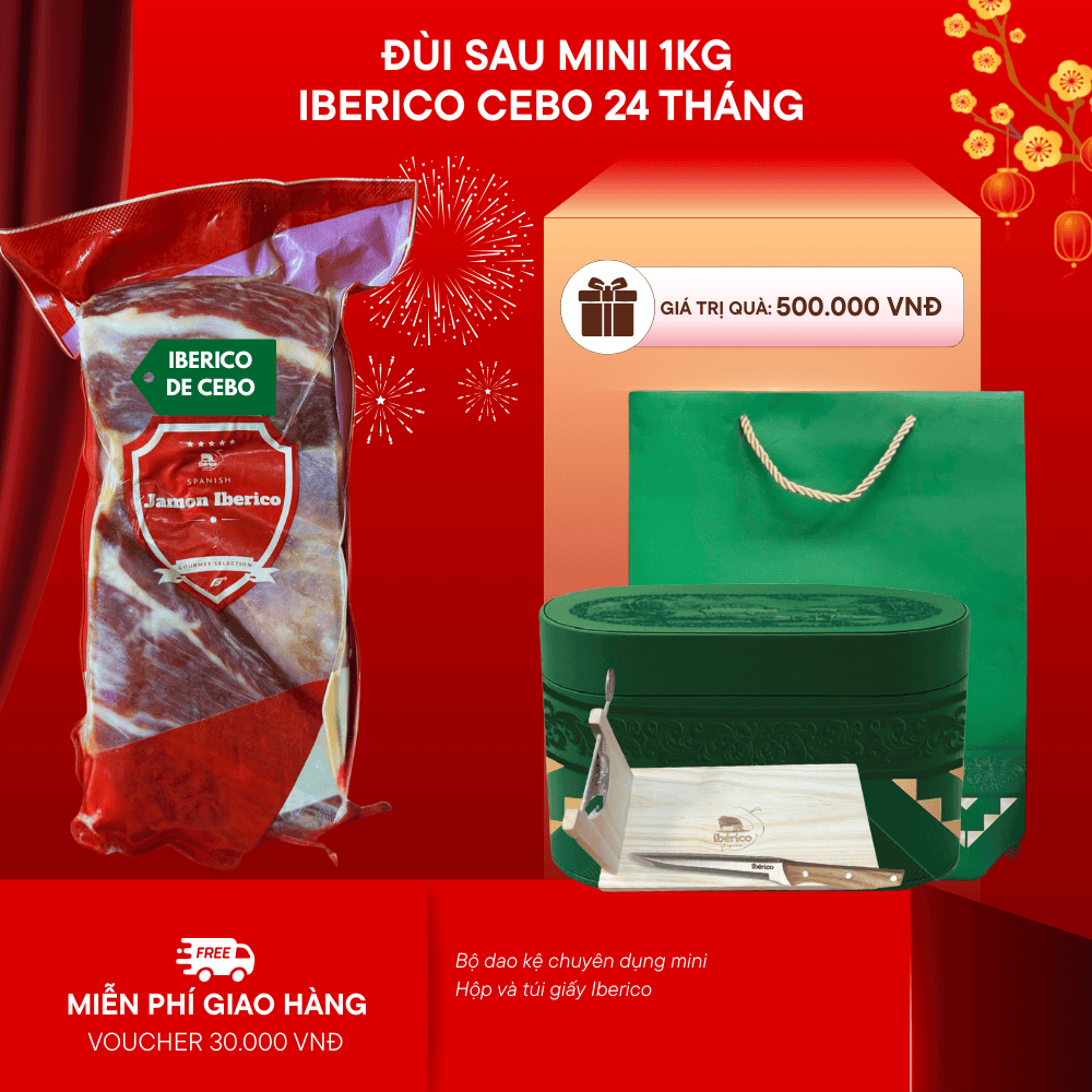 (New) Hộp Quà 1kg Đùi Sau Heo Muối Iberico Cebo Không Xương 24 Tháng DeRaza