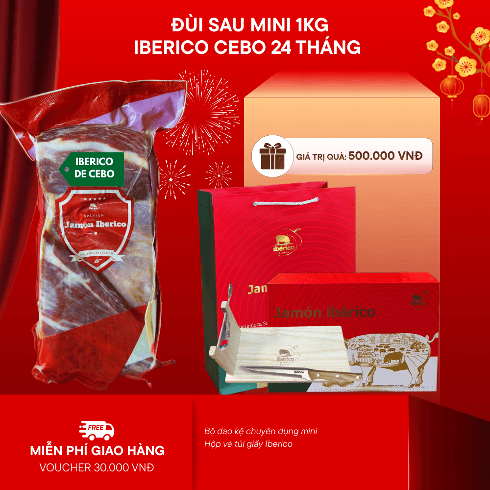 Hộp Quà 1kg Đùi Sau Heo Muối Iberico Cebo Không Xương 24 Tháng DeRaza
