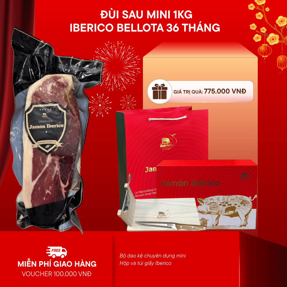 Hộp Quà 1kg Đùi Sau Heo Muối Iberico Bellota Không Xương 36 Tháng DeRaza