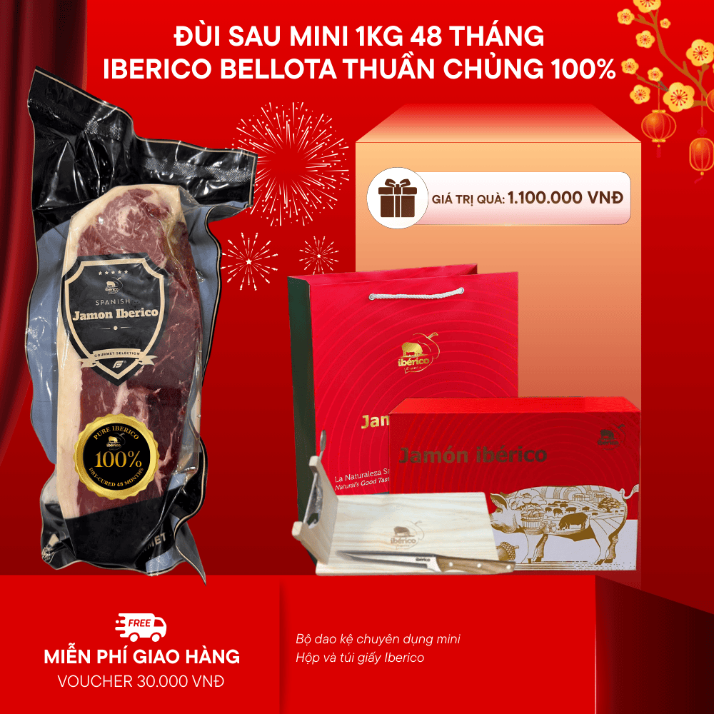 Hộp Quà 1kg Đùi Sau Heo Muối Iberico Bellota Thuần Chủng 100% Không Xương 48 Tháng Montesano