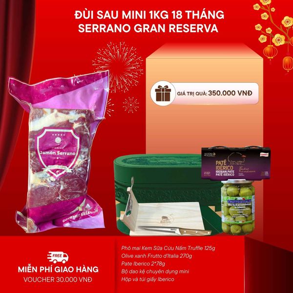 (New) Hộp Quà 1kg Đùi Sau Heo Muối Serrano Gran Reserva Không Xương 18 Tháng Montesano