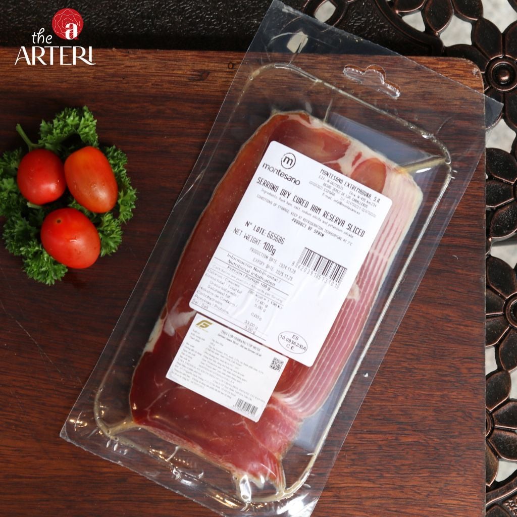 Đùi Sau Heo Trắng Muối Serrano 12 Tháng Gói Cắt Lát 100g Montesano