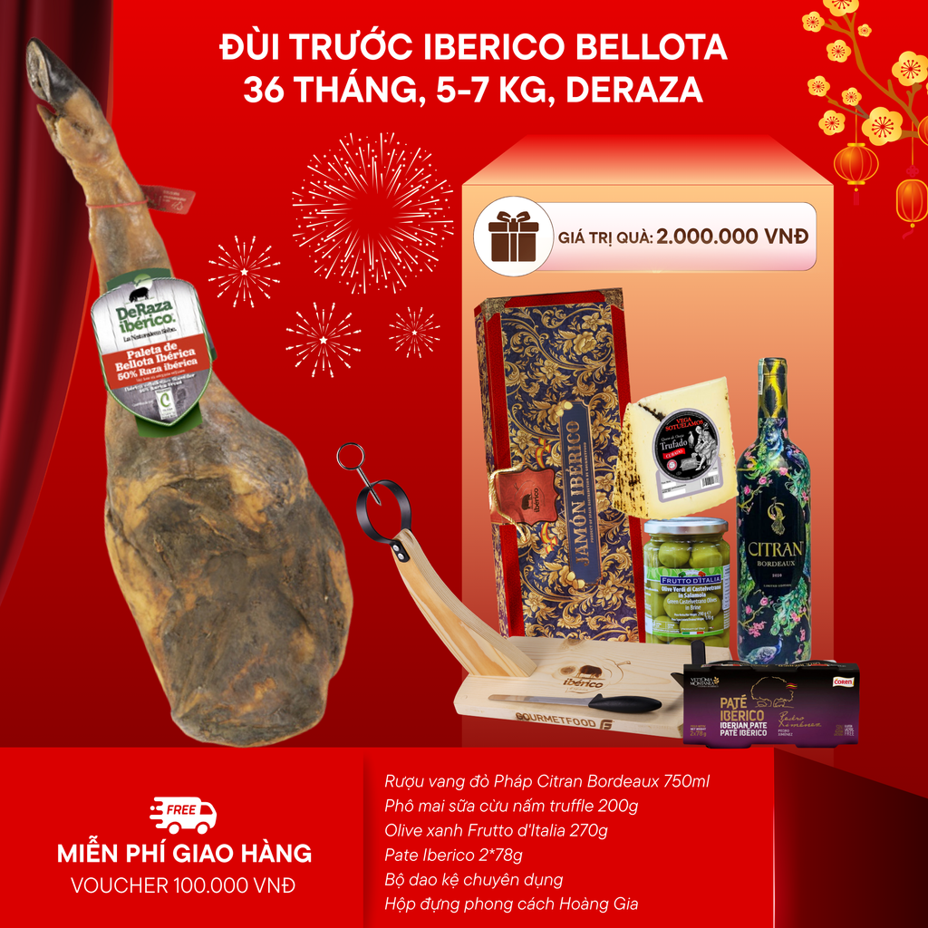 Hộp Quà Đùi Trước Heo Muối Iberico Bellota 36 Tháng Có Xương