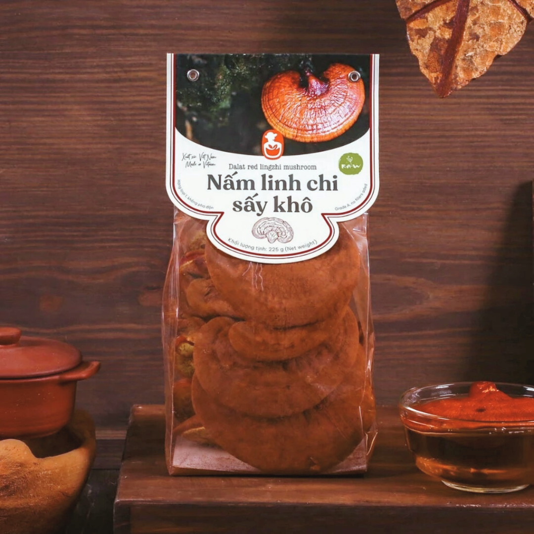 Nấm linh chi đỏ Đà Lạt, 225g, bịch, mẫu nhãn kẹp, L